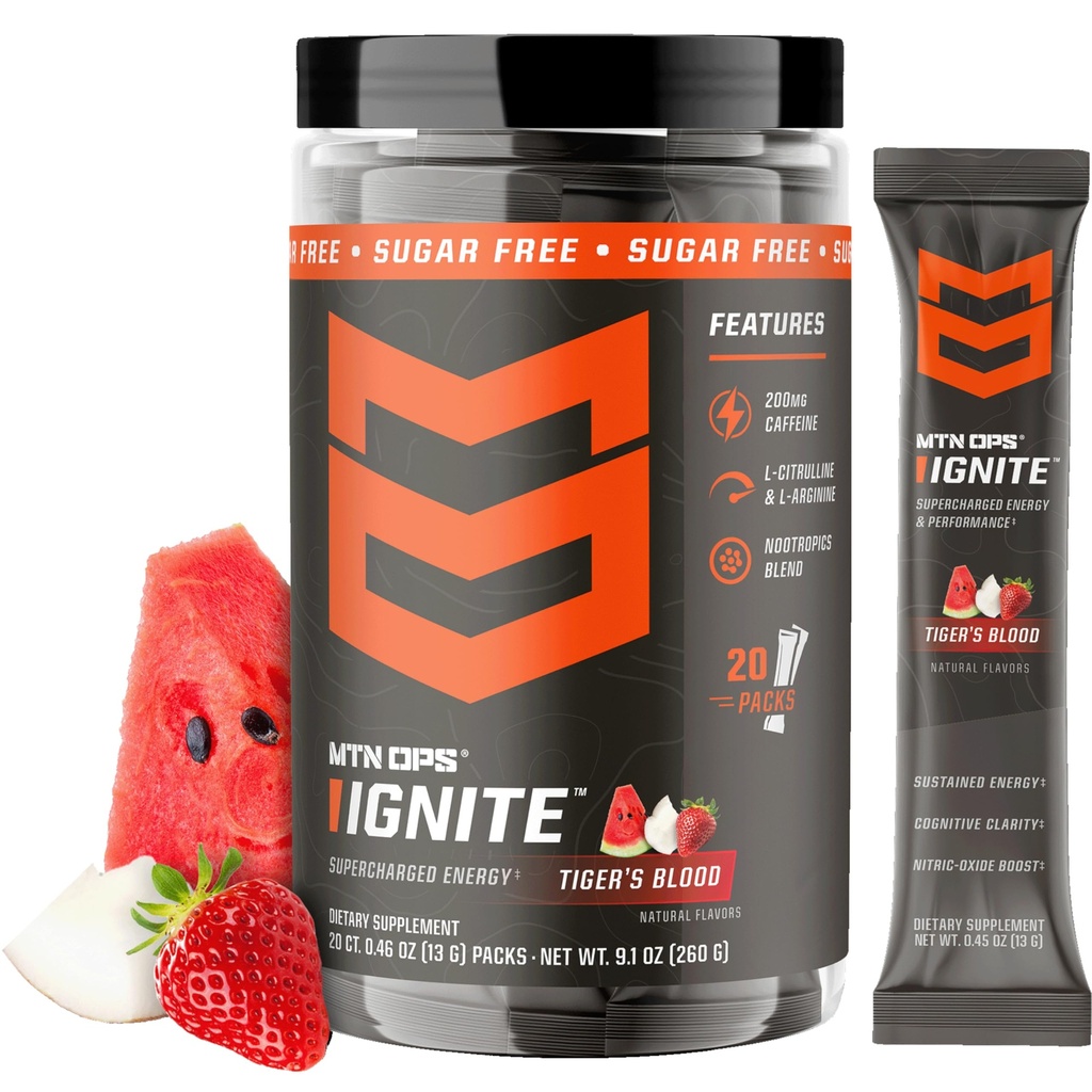 MTN OPS Ignite Trail Packs Energy Drink Powder, Gluten Free Nootropic Supplement Drink Mix, L Arginine, L Citruline, Caffeine & Nootropic Cucur Free Drink Mix, 20 Servings, Tiger's Blood
