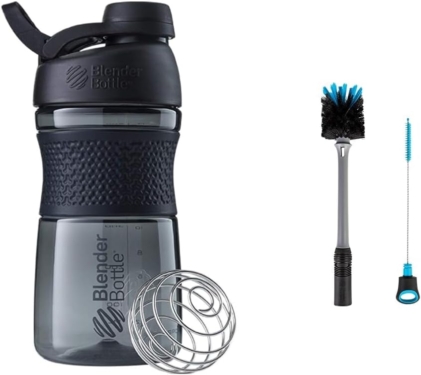 BlenderBottle SportMixer fľaša Shaker Perfektné pre Protein Shake a pre cvičenie, 20-Ounce, čierna & 2-in-1 Shaker fľaša a slama čistenie kefka, 1 balenie, šedá