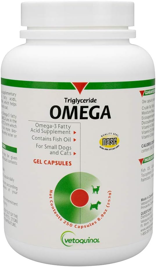 Vetochinol Triglycerid Omega 3 Dodatok pre psy a mačky, Rybí olej doplnok s EPA a DHA, Podporuje pokožku, Coat, Spoločné, a imunitné zdravie, Omega 3 Rybí olej pre psy a mačky do 30kg, 250ct