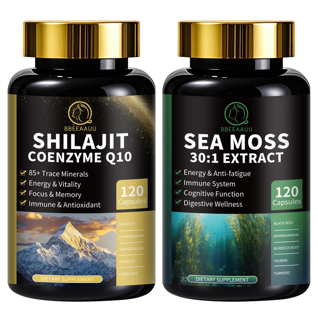 Shilajit pre mužov, Morský Moss a Shilajit Bundle, Všetko v 1 Doplnky s koenzýmom Q10, čierne Semeno, Ashwagandha, Taurine, Burdock pre energiu, Endurance, Antioxidant a imunitná podpora, 240 Kapsule