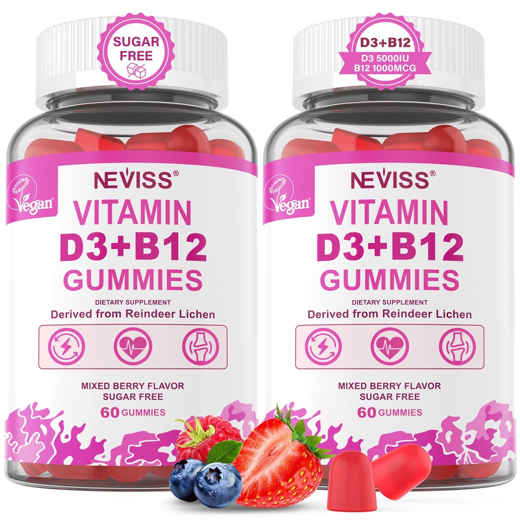 NEVISS 2Pack Vegánsky vitamín D3 + vitamín B12 Gummy, vysoká potencia D3 5000IU & 1000 μg Metylovaný B12, vitamín D3 a B12 pre dospelých, podporné zdravie kostí, imunitné a energetické doplnky, 120 Počet