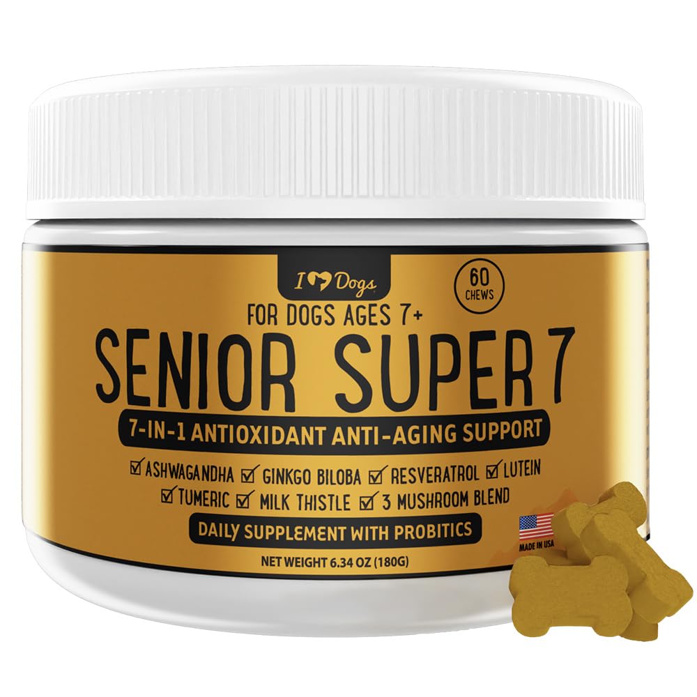 iHeartDogs Senior Super 7 Daily Dog Multivitamín - 7-in-1 Vitamín pre psy podporuje anti-aging s antioxidantmi, probiotiká, Levia mane, Turecko chvost, & Ashwagandha pre dlhovekosť a kognitívne Boost