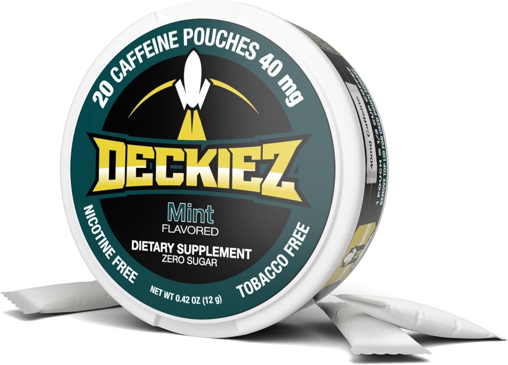 Deckiez Energy Pouches, 5 plechovky (100 Servings), Supplement Cugar Free Caffeine, Coffee Pouches & Energy Drink Alternative, 50mg Caffeine Pouches, Mint Flavor