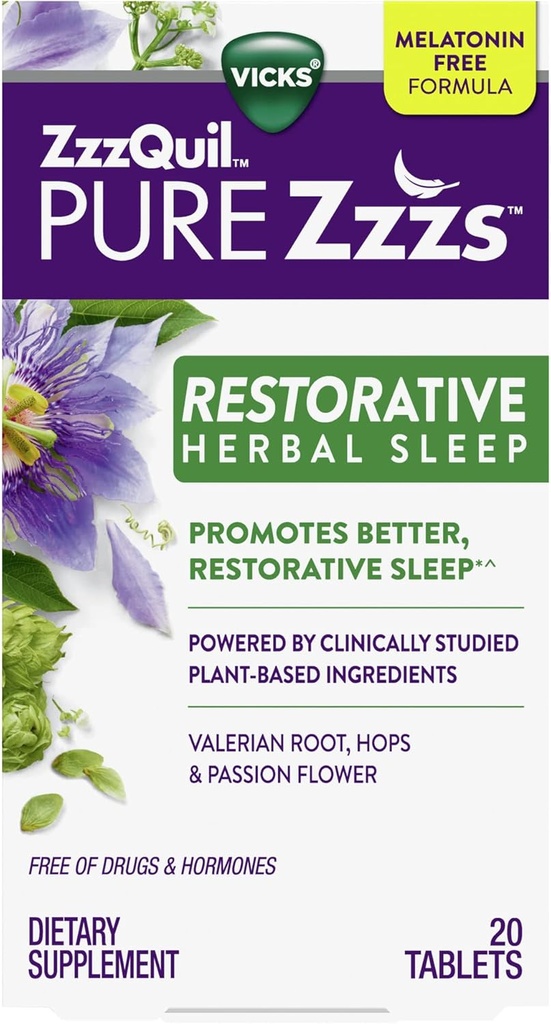 Vicks, ZzzQuil Pure Zzzs Restorian Herbal Sleep Aid Tablets, 20 Počet