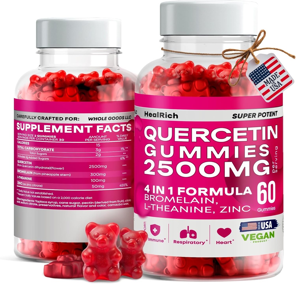 Quercetin Gummies - 2500MG s hypromelínom, L-Theanine & Zinc Vegan Immune Suplement for Kids & Adults - Alergy Relief & Lung Health
