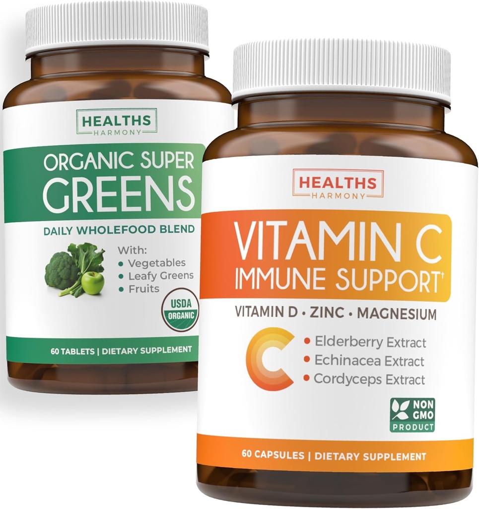 Super Greens & vitamín C (1-ponuka v mesiaci) Zelené a C Synergy Bundle of Organic Super Greens Powder - Complete Superfood (60 kapsúl) & Vitamín C Immune Support (60 vegetariánskych kapslí) (non-GMO)