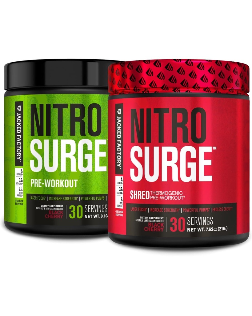 Jacked Factory Nitrosurge pre-práce v čiernej čerešne a čiernej čerešni Nitrosurge Shred Thermogenic pre-práce pre mužov a ženy