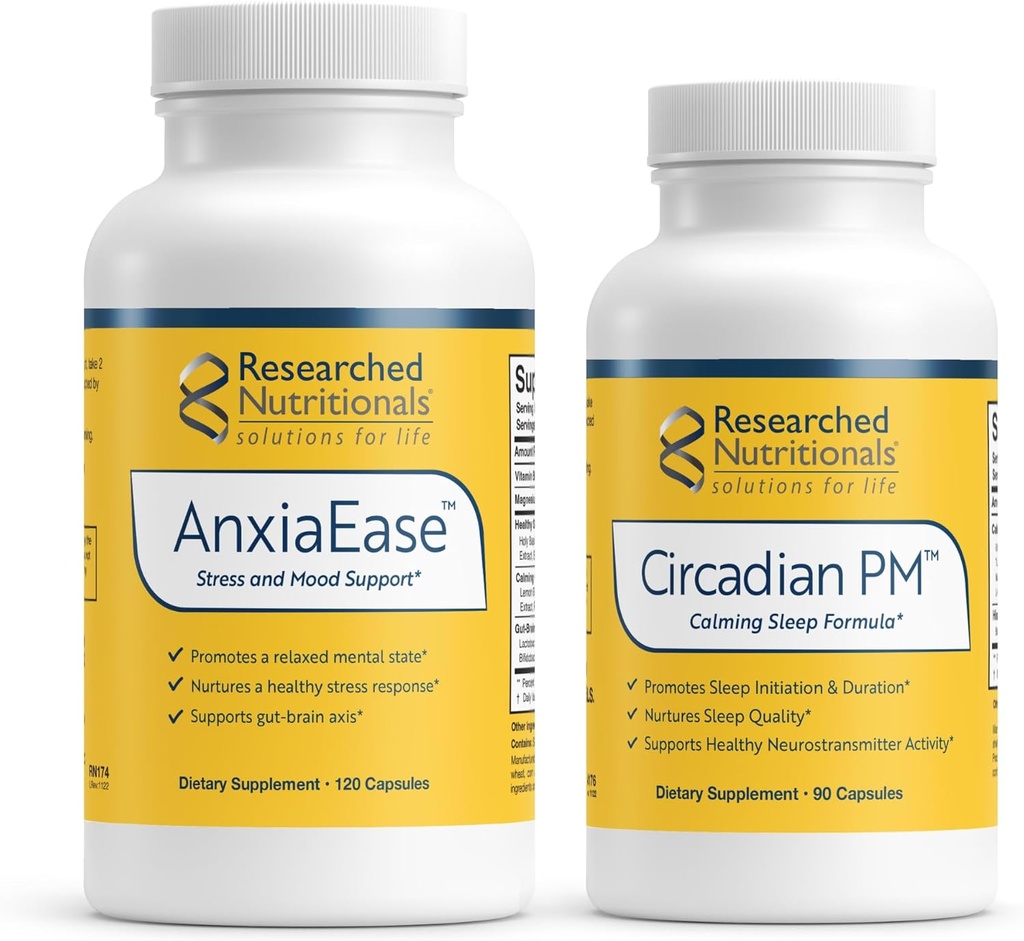 Researched Nutritionals Relaxačná podpora Bundle - AnxiaEase Stress, Cortisol Management & Mood Suplement (120 Kapsule) a circadian PM pre pokojné noci (90 Kapsule)