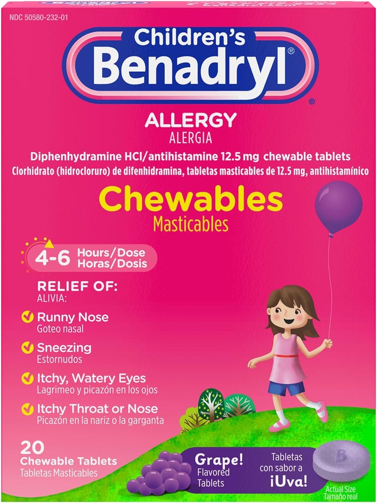 Benadryl Detská alergia Chewables s difenhydramín HCl, Chewable Kids Antihistaminika Tablety na zmiernenie alergie príznaky, ako sú sipot a svrbenie očí, hroznová aróma, 20 ot