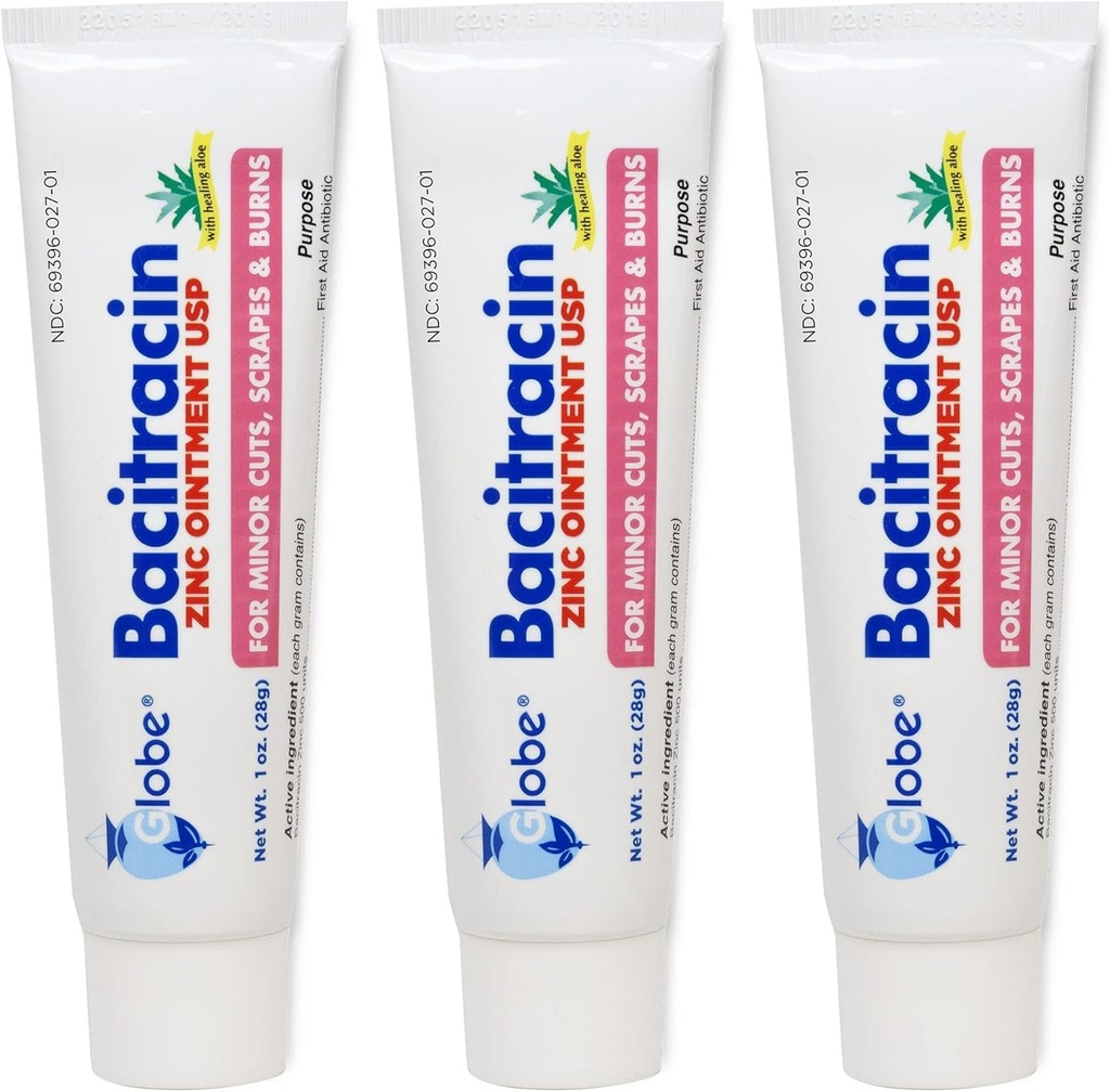 Globe (3 balenia) Bacitracín Zinok Masť + Aloe 1oz - Maximálna sila Antibiotikum pre hojenie rany - Topické medikované riešenie pre rezy, popáleniny, škrabky - Infekcia kože a prvej pomoci Nevyhnutné