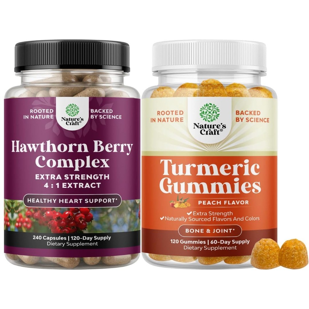 Bundle extra sily Hawthorn Berry kapsule - Extra Digestion and Heart Health Supplement and Turmeric Gummies for Adults Peach Flavor - Extra Strength Joint Support Gummies