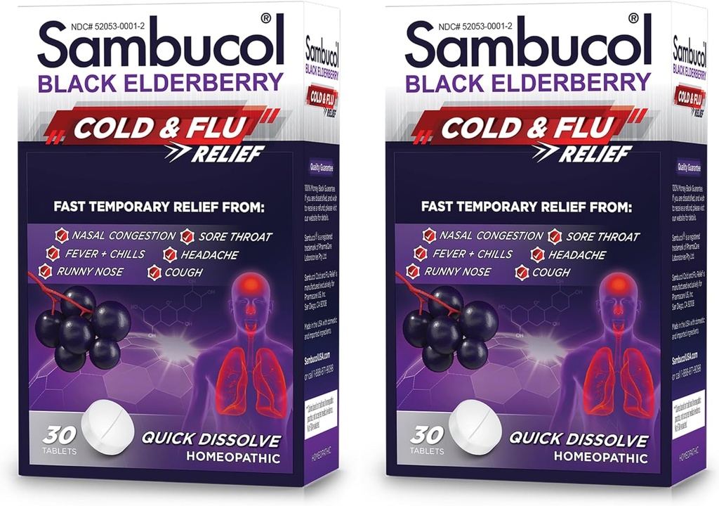 Sambucol Cold and Flu Relief Tablets - Homeopatické Cold Medicine, Nasal & Sinus Congestion Relief, Použitie pre Runny Nose, Kašeľ, Cold Remedy pre dospelých - Black Elderberry, 30 Počet, 2-Pack