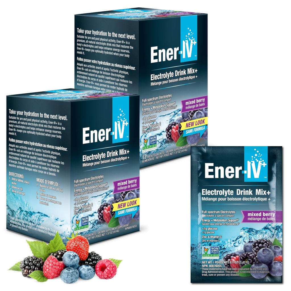 Ener-IV Electrolyte Drink Mix - Powder Pakets Electrolytes, Powder Pakets, Hydratácia Powder Drink, Hydratačný Tekutý Mix, Nízkocukrová rehydratácia pre ženy a mužov - zmiešané Berry, 24 Počet