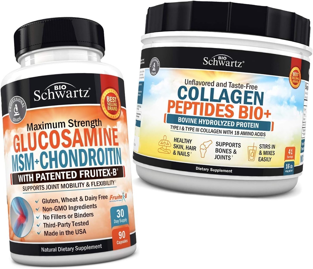 BioSchwartz Glukozamín Chondroitin MSM + Collagen Peptides Powder - Zdravé kosti a spoločná podpora - Podporuje flexibilitu a podporuje Kartilage