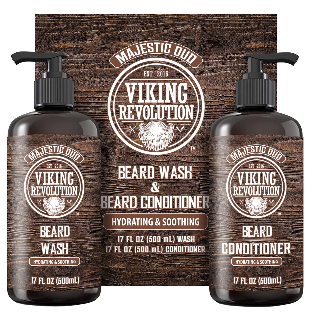 Viking Revolution Beard Wash and Beard Conditioner pre mužov s arganovým olejom a jojobovým olejom - bradový zmäkčovač a spevňovač medvedí šampón a kondicionér s medvedím olejom (17oz, Majestic Oud)