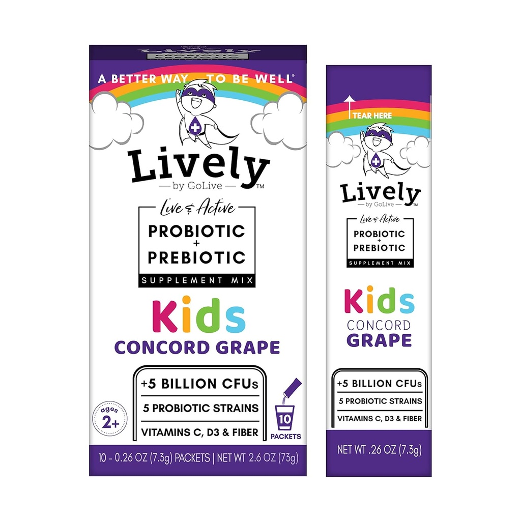 Živé (Golive) KIDS CONCORD GRAPE Synbiotic (Probiotiká+Prebiotiká); 5 klinických kmeňov; +5 miliárd CFU. Probiotiká a prebiotiká KIDS pre trávenie, metabolizmus, odolnosť. (10 balení)