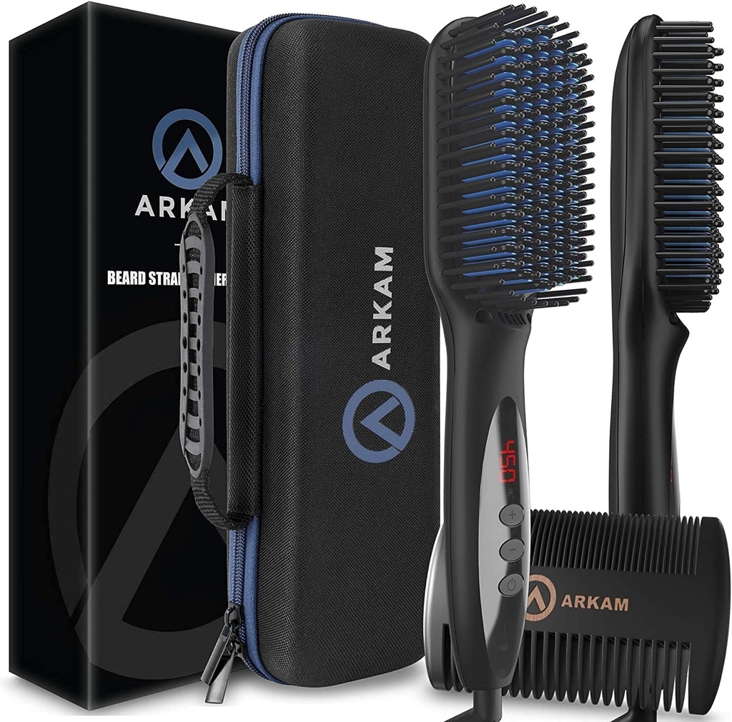 Arkam Brada rovnica pre mužov - Premium Vyhrievané bradavice kefka Kit w/Anti-Scald Feature, Dual Action Hair Comb a tvrdá škrupina Cestovné puzdro pre stredné až dlhé bradavice - Kostým a grooming darčeky pre mužov