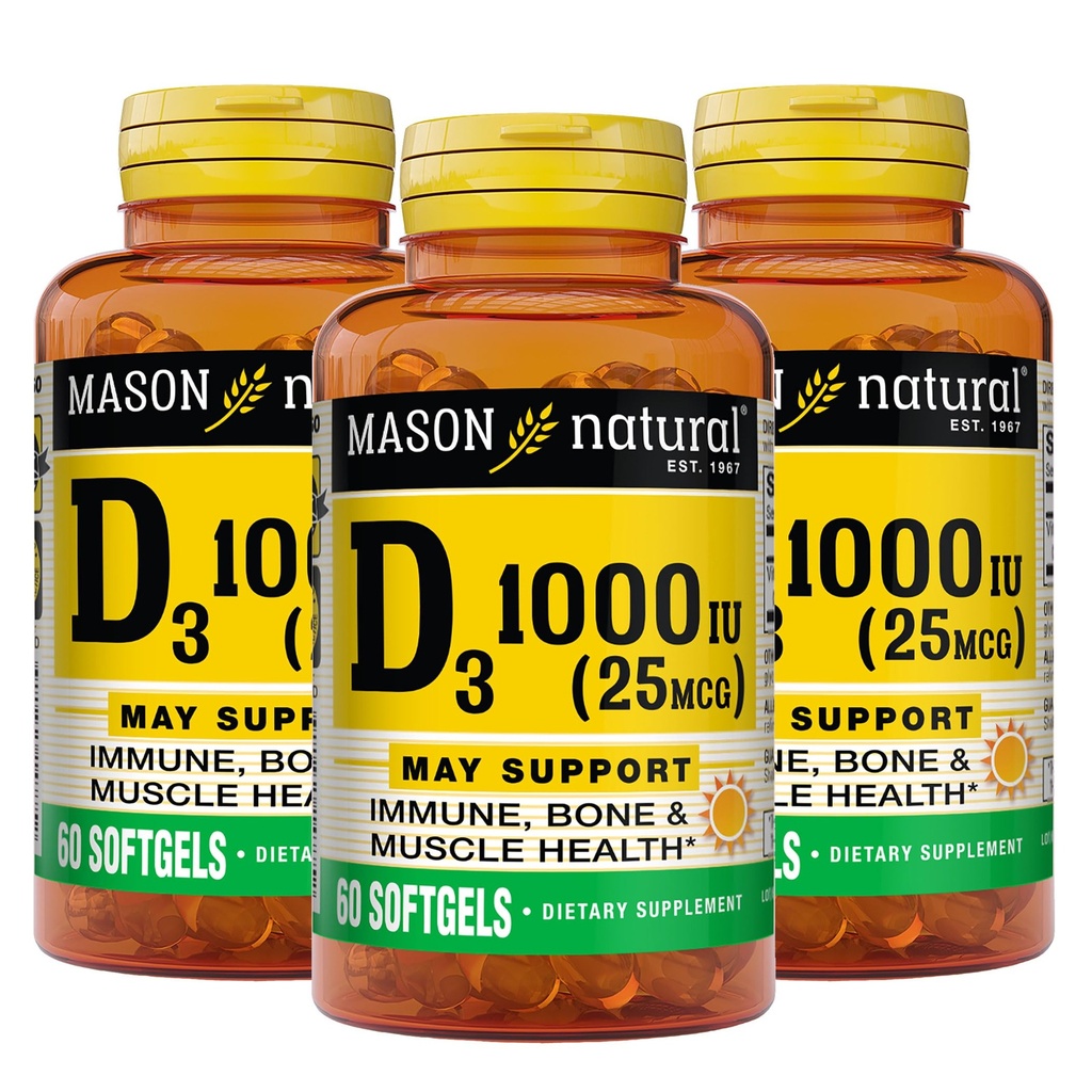 MASSON NATURAL Vitamin D3 25 μg (1000 IU), Bone & Immune Support, from Fish Liver Oil, 60 Softgels (pack of 3)