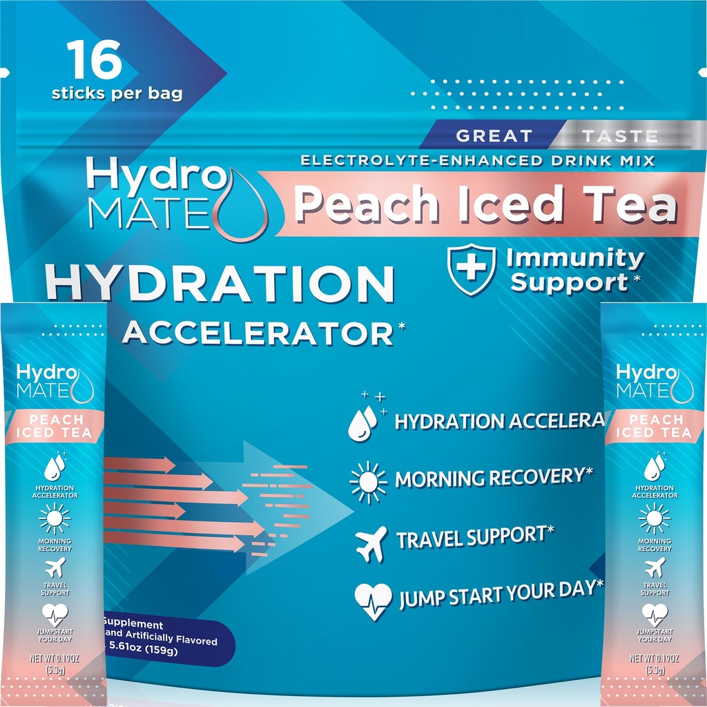 HydroMATE Powder Electrolyte Peach Tea Hydration Pakets Nízky cukor 16 Počet