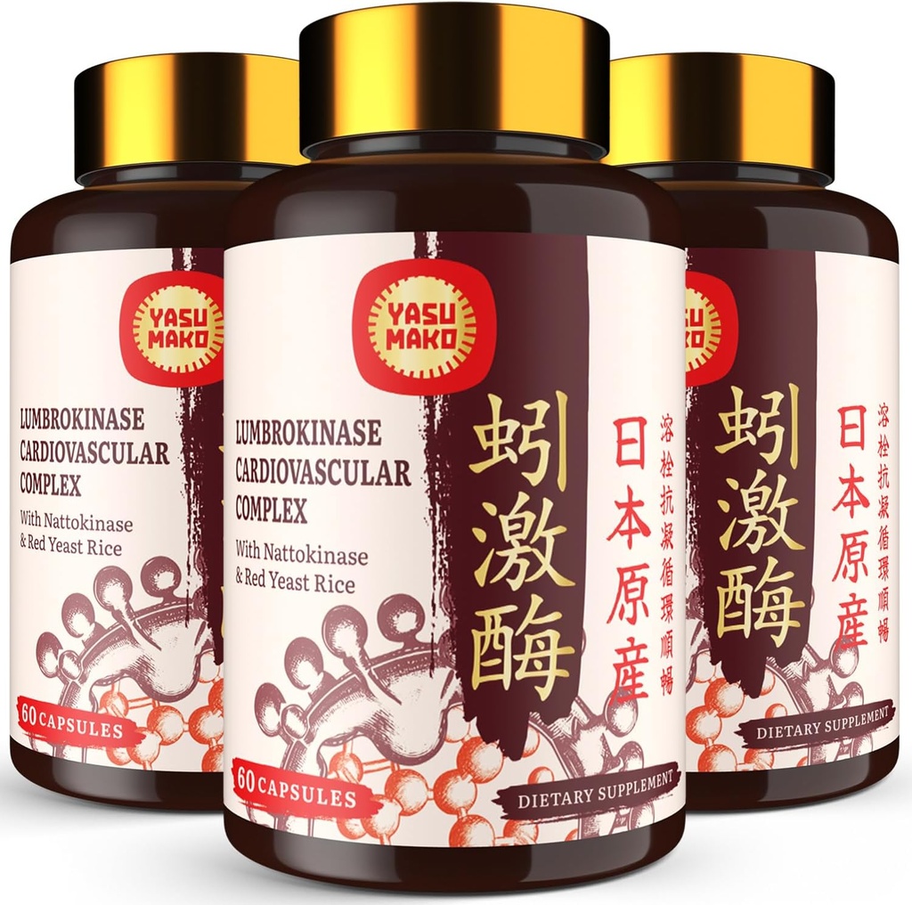 Lumbrokináza 100 mg (Max Activity 1 000 000 LKU), Nattokináza 100 mg- 2 000 FU aktivity a červená kyslá ryža 300 mg, Lumbrokináza Enzymes Supplement for Circulary, Cognition 180 kapsúl (Pack of 3)