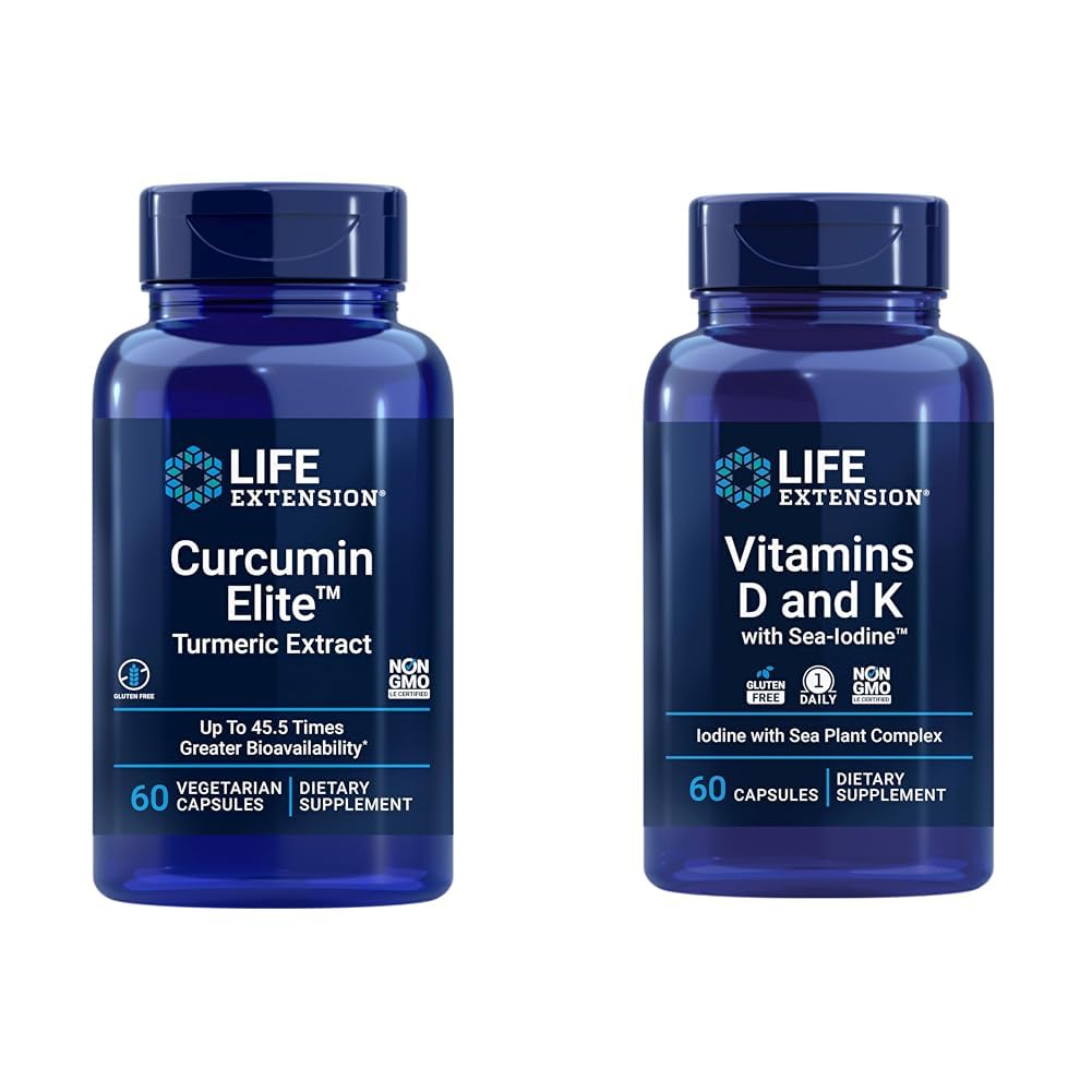 Život predĺženie Curcumin Elite Turmeric Extract, Podporuje zdravú zápalovú odpoveď & Vitamíny D a K s morsko-jód, vitamín D3, vitamín K1 a K2