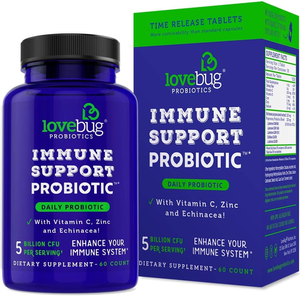 Lovebug PROBIOTICS Imunitná podpora Denné probiotiká pre mužov a ženy, 40 miliárd CFU & 6 kmeňov, Obsahuje vitamín C, zinok a Echinacea, 30 kapsúl, Vegan a Non-GMO