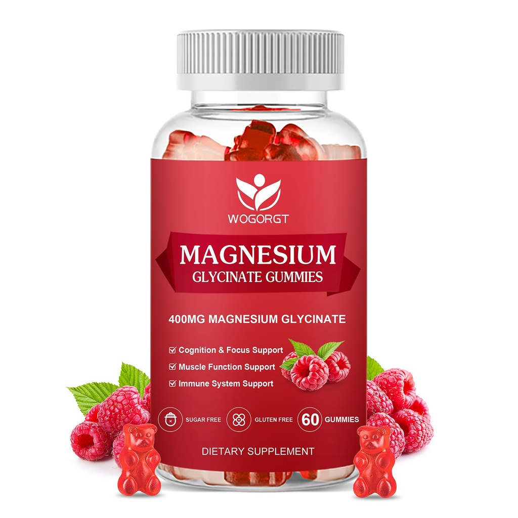 400mg Magnéziumglycinate Gumies with 200mg Magnéziummalát, Vitamín D, B6, and CoQ10, Magnézium Glycinate Supplement for Relaxation and Cognition, Sugar Free, Malinová príchuť - 60 Gummies