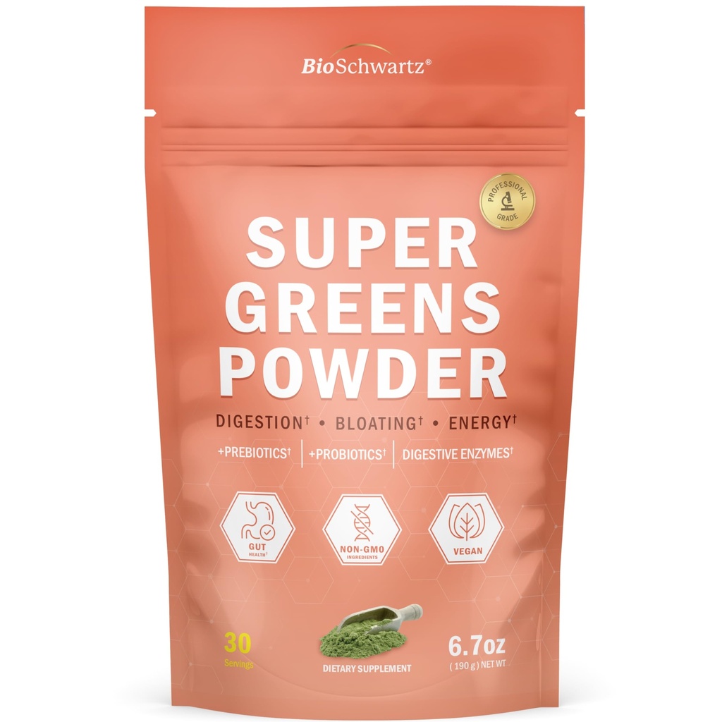BioSchwartz Greens Powder Super Greens s probiotikami, prebiotikami, trávivými enzýmami & 43 Zelené superpotraviny - Chlorofyl, čučoriedky, chlorella, Spirulina - chutí úžasne - 30 porcií