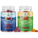Bundle of Kids Magnézium Gumies - Supplement for Nerve Health, Muscles & Healthy Heart Support, and Plant Based Kids Multivitamínové Gummies - Multivitamín pre imunity Podpora s vitamínmi A C D3 E B