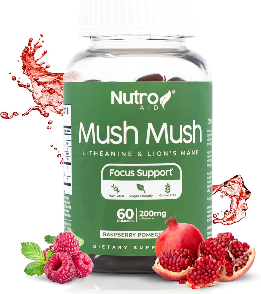 Lions Mane Supplement - Huby Gummy - Huby Huby Huby génius Magic Mind - Podporuje zameranie s L-Theanine a Lions Mane - Malinová a granátové jablko Chuť pre Perk Energy - 60 Gummies