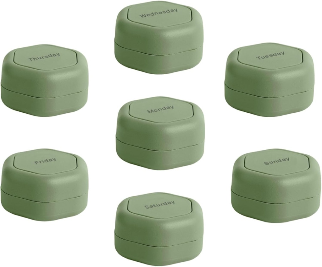 Cadence Travel Containers - Pill Case Set - Magnetické cestovné kapsule, Denná medicína Organizátor pre Pills, Doplnky, & Vitamíny - 7 Flex Smalls (0,56oz) pre Týždenný Organizátor pilulky - Eucalyptus