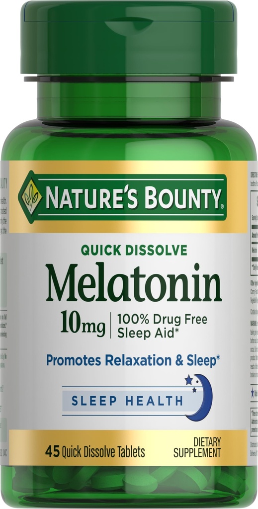 Nature's Bounty Melatonin, 100% Drug Free Sleep Aid, Dietary Supplement, Promotes Relaxation and Sleep Health, 10mg, 45 Quick Rozpustiť tablety