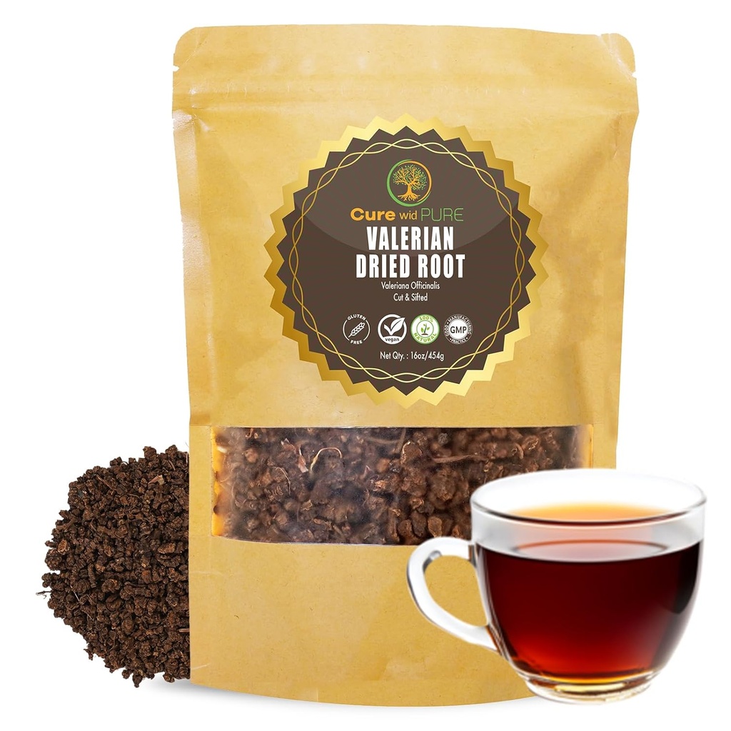Cure Wid Pure Organic Valerian Root Tea - Cut,Sifted & Non-Ir vyžarované Valerian Tea Podporuje prírodné relaxačný spánok - Te De Valeriana officinalis v Relaable Eco Friendly Pouch 16oz