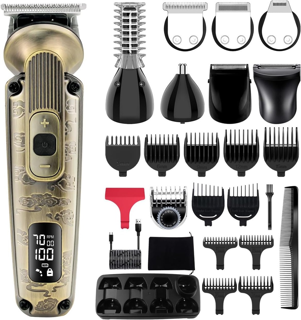Hatteker Brada Trimmer fúzy Trimmer pre mužov 8 v 1 Nastaviteľná rýchlosť vodotesné vlasy Clipper T-Blade Elektické Razor Shavers bezdrôtové mužov Darček Grooming Kit s telom tvárou nosa (Bronze)
