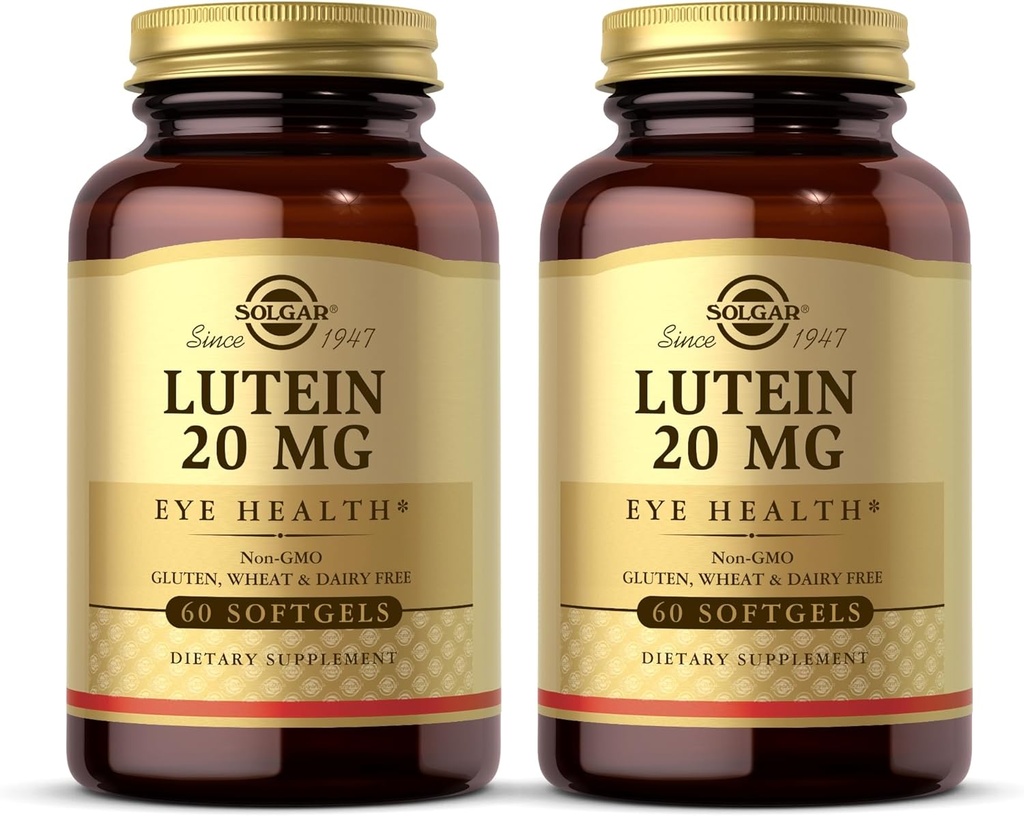 Solgar Lutein 20 mg, 60 Softgels (Pack of 2) - Podpora zdravie očí - pomáha Filtrovať Blue Light - Obsahuje FloraGLO Lutein - Non-GMO, Gluten Free, Dairy Free - 120 Celkom Servis