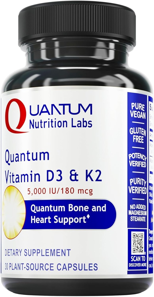Quantum Nutrition Labs Vitamin D3 and K2 Supplement - Bone & Heart Health Support for Women & Men, 5000 IU, Vegan Vitamins, Allows Calcium Absorption, Gluten-Free - 30 Plant Based Capsules