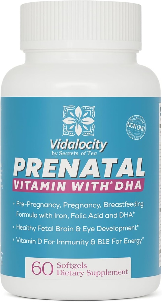 Vidalocity prenatálne vitamíny pre ženy, multivitamínové kapsuly: Omega 3 Rybí olej (EPA/DHA), horčík, folát, vitamín D3, C, vitamín B12, B6, vitamín A, K a zinok, 60 počet (60 dní)