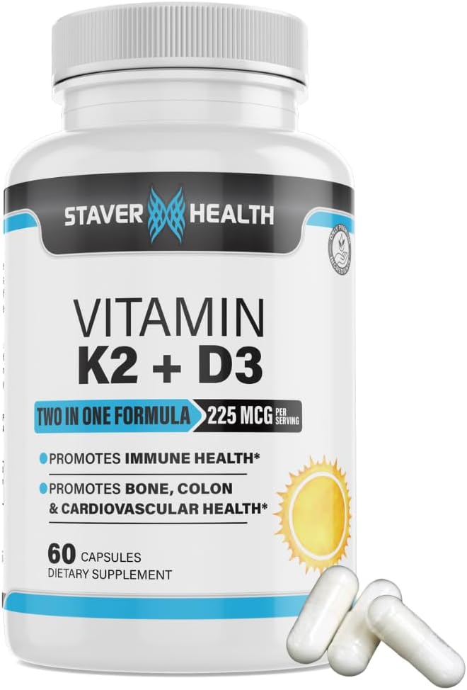 Vitamín K2 D3 w/Calcium a bioperín, vitamín K2 (MK7) s D3 doplnkom non-GMO, vitamín D3, vitamín K2 MK-7 Ľahko prehltnúť vitamín D a K komplex, 60 kapsúl
