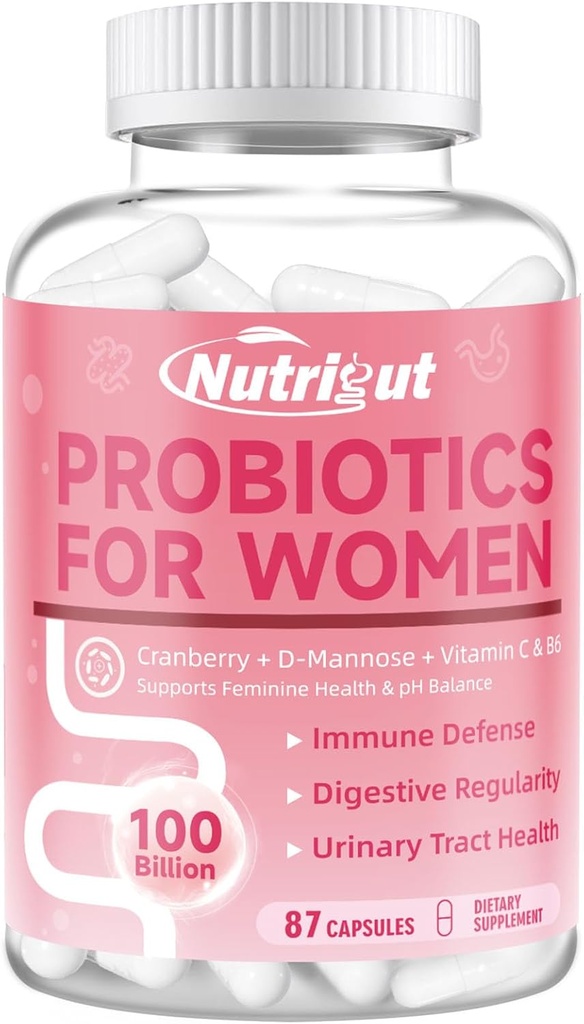 Probiotiká pre ženy 100 miliárd CFU Probiotiká a prebiotiká s tráviacimi enzýmami pre zdravie Gut, vaginálne probiotiká s brusnicou a D-manóza pre zdravie močových ciest, pH vyváženie, 87 kapsúl