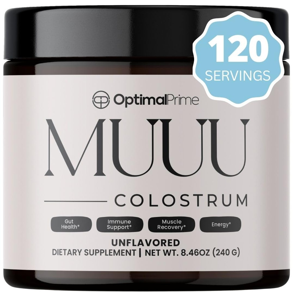 Optimal Prime - MUUU Bovine Colostrum Supplement and Superfood Powder for Gut Health, Bloating, Immune support, Hair, Skin, and Nails Unflavored, 120 Servings