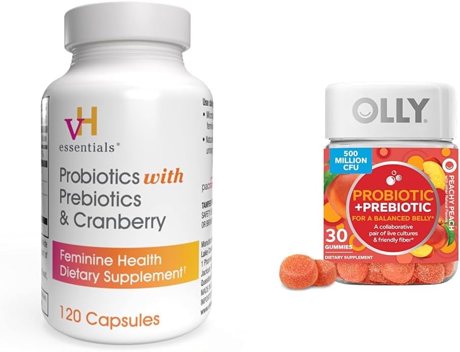 vH základné probiotiká s prebiotikami a brusnica Feminine zdravotné kapsule Bundle s OLLY Probiotic + Prebiotické Gummy Digestive and Gut Health Chewable Supplement