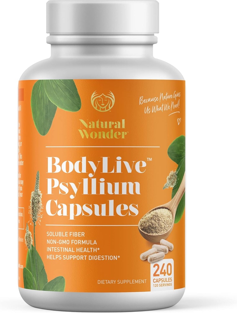 BodyLive Psyllium Husk Fiber Capsule Non-GMO 725mg, 240 Kapsule (1450mg/serving, 120 Servírovanie) Dodatok pre Colon Cleanse, Pravidelnosť, Zdravé zažívanie, Prebiotické, Laxatívne, Srdcové zdravie