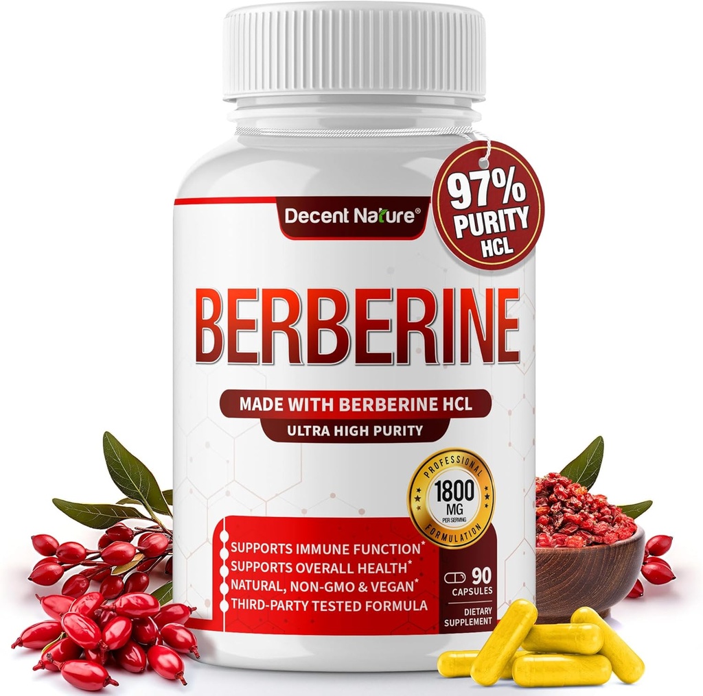 Berberine Supplement 1800mg - Premium Berberine HCl 97% Vysoká čistota, Supports Immune System, High Potency Hydrochloride & Extract, Actives AMPK & GLP-1, Non-GMO Vegan, for Men Woman 90 Kapsule