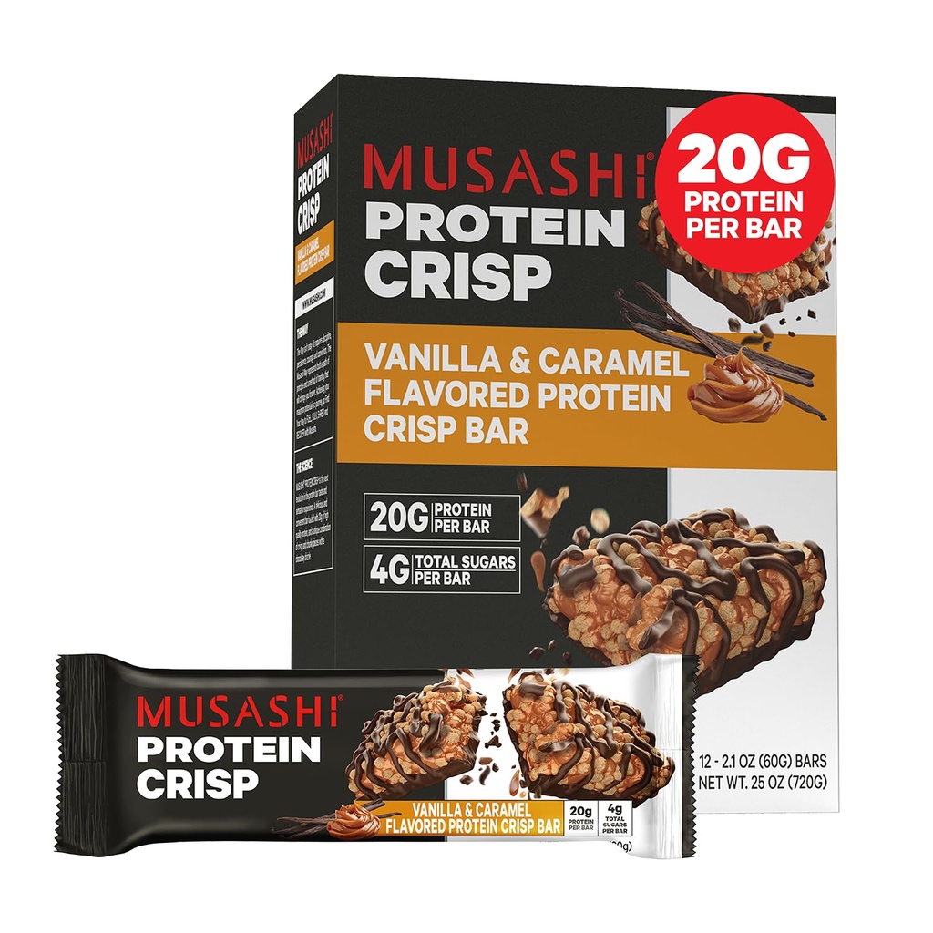 MUSASHI Protein Crisp Bar, 20g Protein, 4g Total Cukor, Vanilla & Caramel, Post Clearout a Snack On The Go, 12 Balenie 2,1/0 (60g) Bary