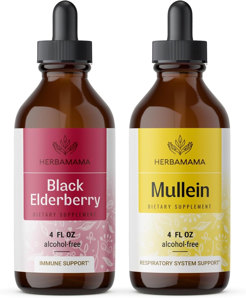 HERBAMAMA bylinné tekuté kvapky Kit - Bundle of Black Elderberry Extract and Mullein Leaf Tincture 4 fl oz - Vegan, non-GMO, cukor a alkohol-free - 2 balenie