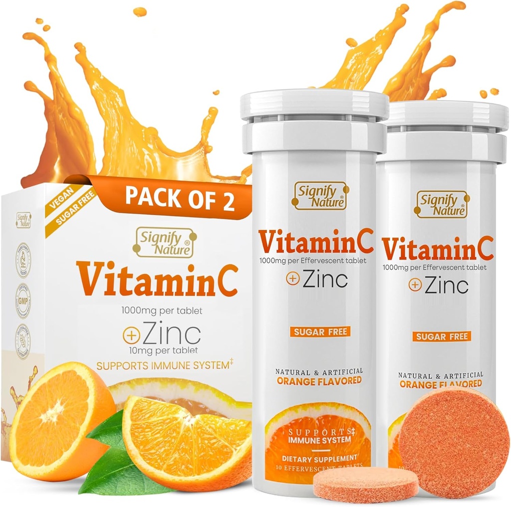 SIGNIFY NATURE Vitamin C 1000mg Effervescent Tablets - Potent Immune Support VIT C with Zinc Supplement - Sugar-Free & Vegan Formula | Dissolvable Vitamin C Tablets - Water Soluble Fizzy Elixir - 20CT
