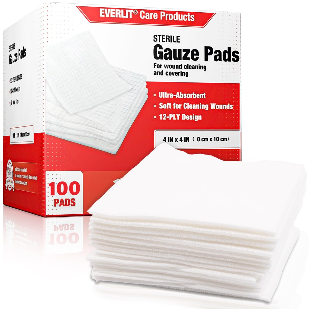 EVERLIT [Extra-Thick] 4''x4'' Sterile Gauze Pad 12-Ply, 100 Pack, Individual Wrapped, Ultra Absorbent Large Non-Woven Medical Gauze Sponges for Wound Care Home First Aid Kit | Extra-Thick Individual Wrapped Ultra Absorbent Non-Woven Medical Gauze Sponge for Wound Care