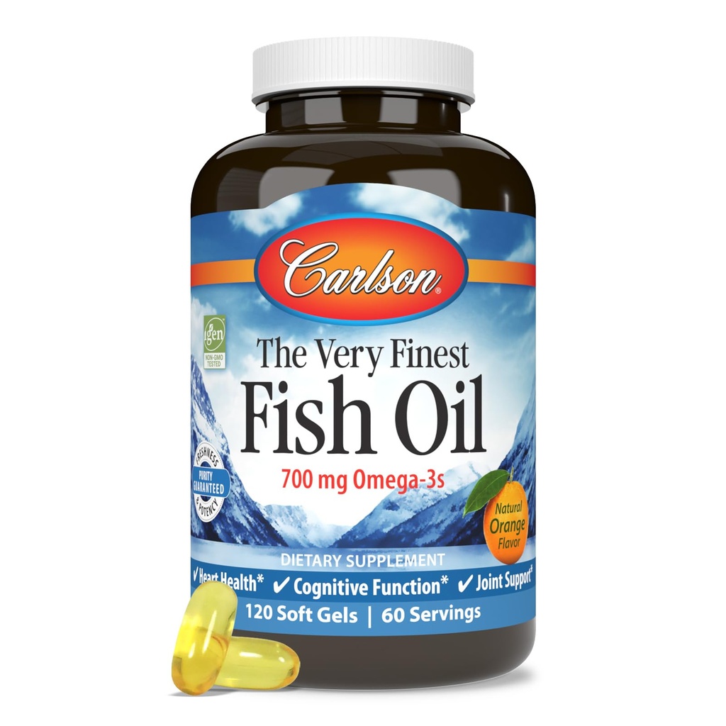Carlson - Veľmi najjemnejší rybí olej, 700 mg Omega-3s, nórsky rybí olej doplnok, Wild Caught Omega 3 rybí olej, udržateľný zdrojový rybí olej kapsule, Omega 3 doplnok, Orange, 120 Softgels