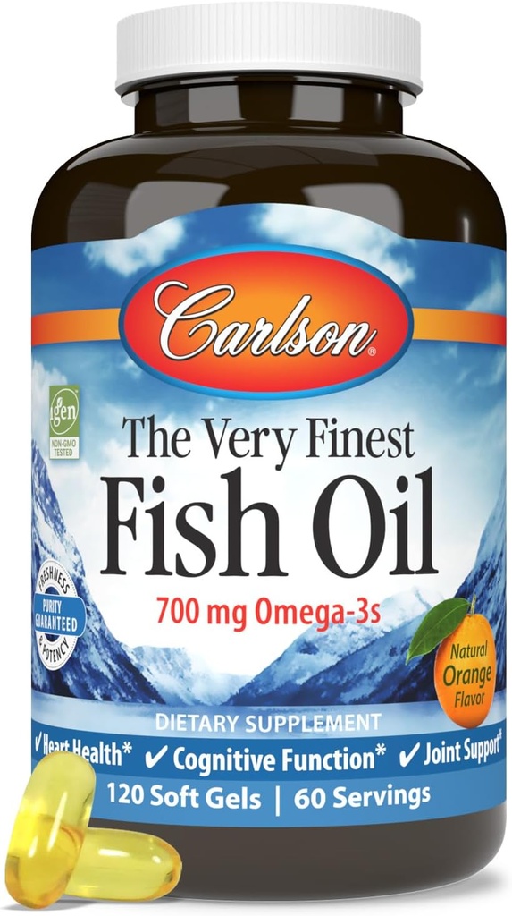 Carlson - Veľmi najjemnejší rybí olej, 700 mg Omega-3s, nórsky rybí olej doplnok, Wild Caught Omega 3 rybí olej, udržateľný zdrojový rybí olej kapsule, Omega 3 doplnok, Orange, 120 Softgels