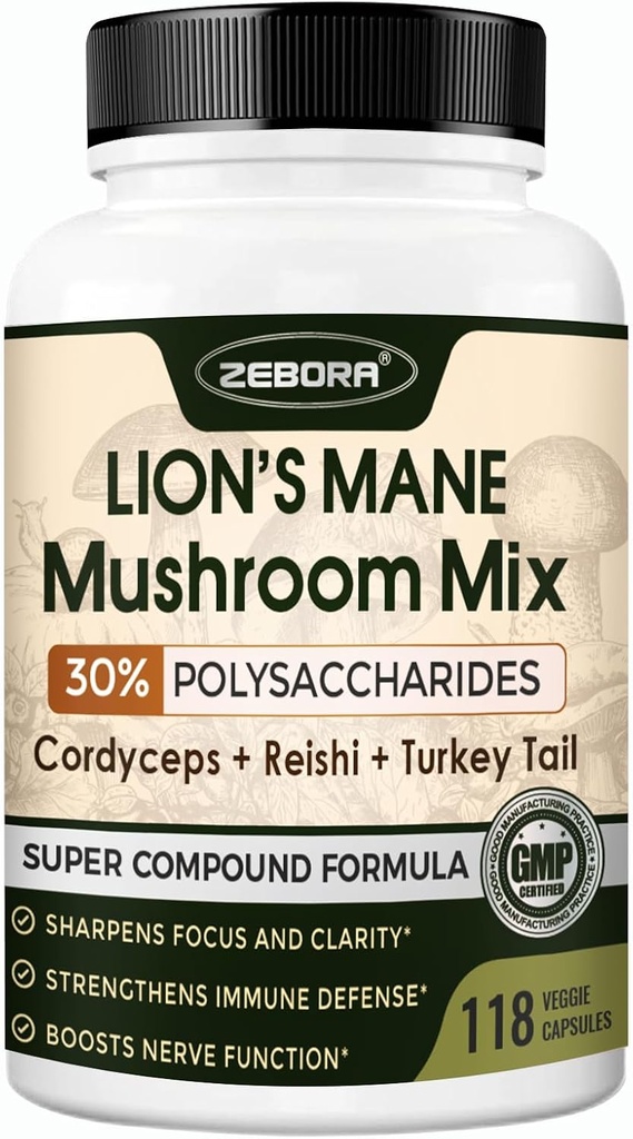 Lions Mane Supplement Capsules - Mushroom Supplement With Lions Mane, Cordyceps, Reishi, Turkey Tail, Shiitake - Lions Mane Supplement For Memory, Focus & Immune Support - 118 Vegan Mushrooms Capsules